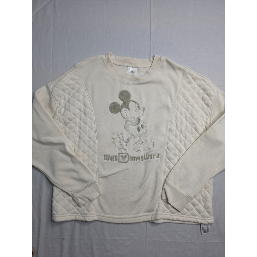 Disney Sweatshirt Women's Large Ivory Embroidered Mickey Mouse Quilted Pullover